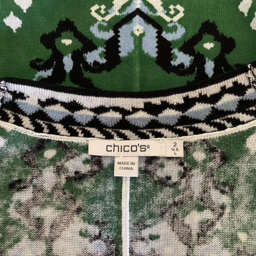 Chico's Open Front Linen Blend Cardigan Tribal Bohemian Print Green Black, Large - Picture 7 of 10